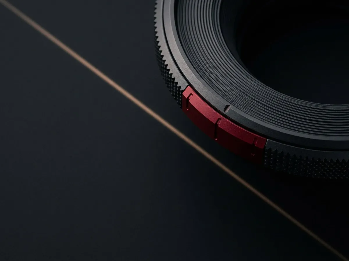 Macro detail of a camera lens ring with a crimson accent, the Directo brand composition