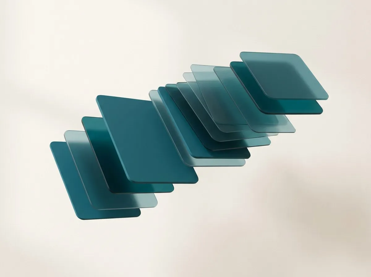 Layered teal panels floating in calm arrangement, the OKOOD brand composition
