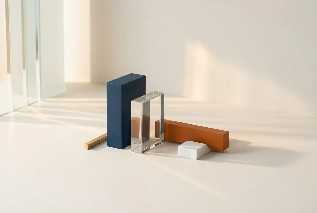 Warm sunlight passing through glass and matte geometric forms in navy and orange